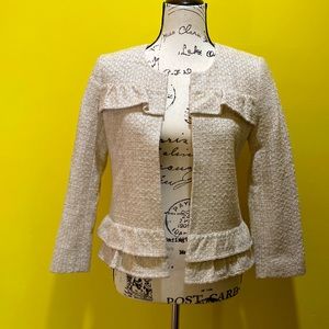 Ann Taylor Factory Tweed Open Front Ruffle Jacket/Blazer
